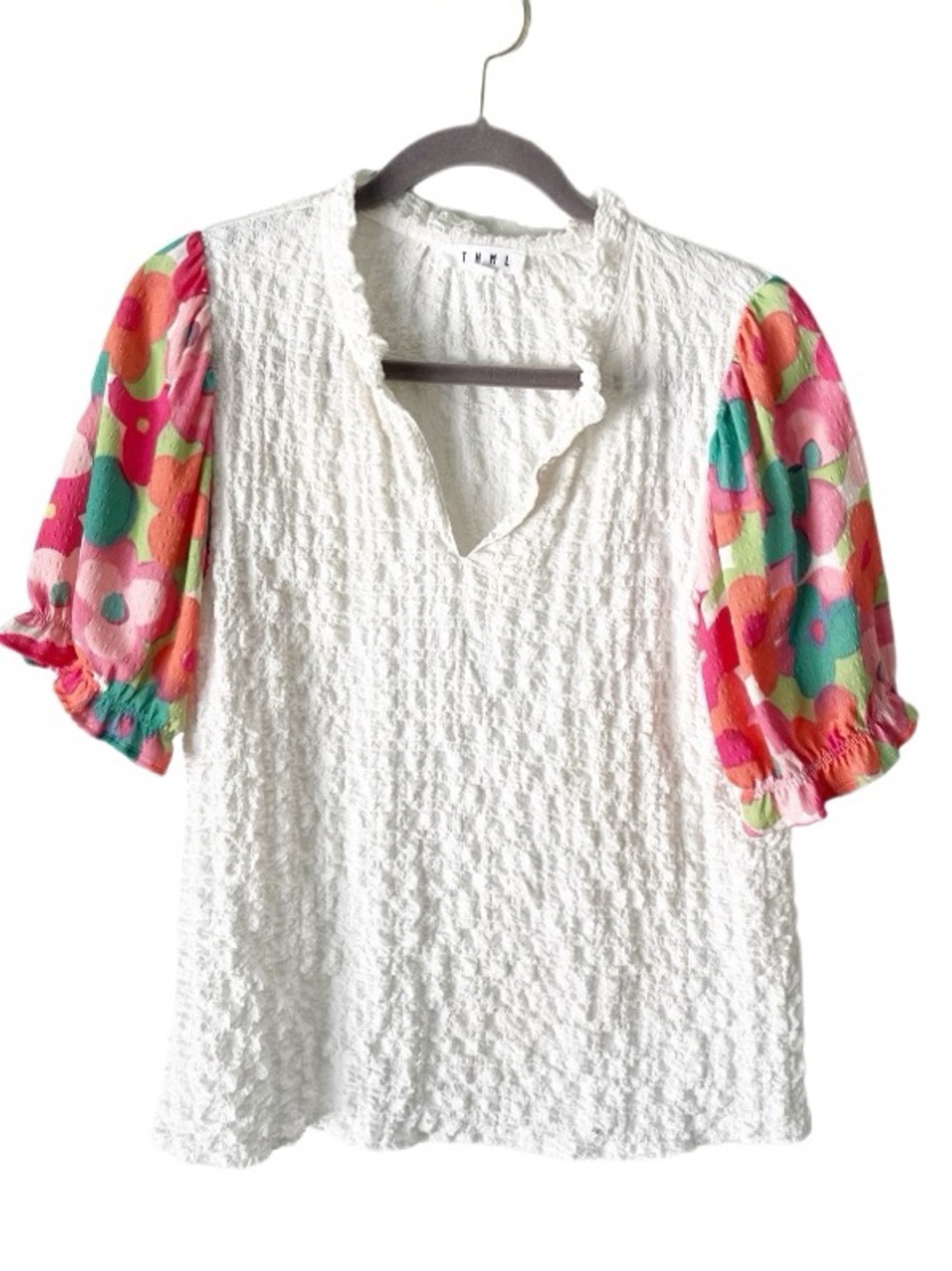 THML Textured Floral Puff Sleeve Blouse Size Small Boho Bohemian Hippie Preppy